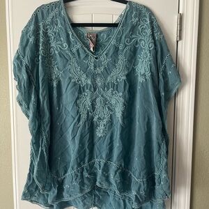 Johnny Was Teal Embroidered Blouse